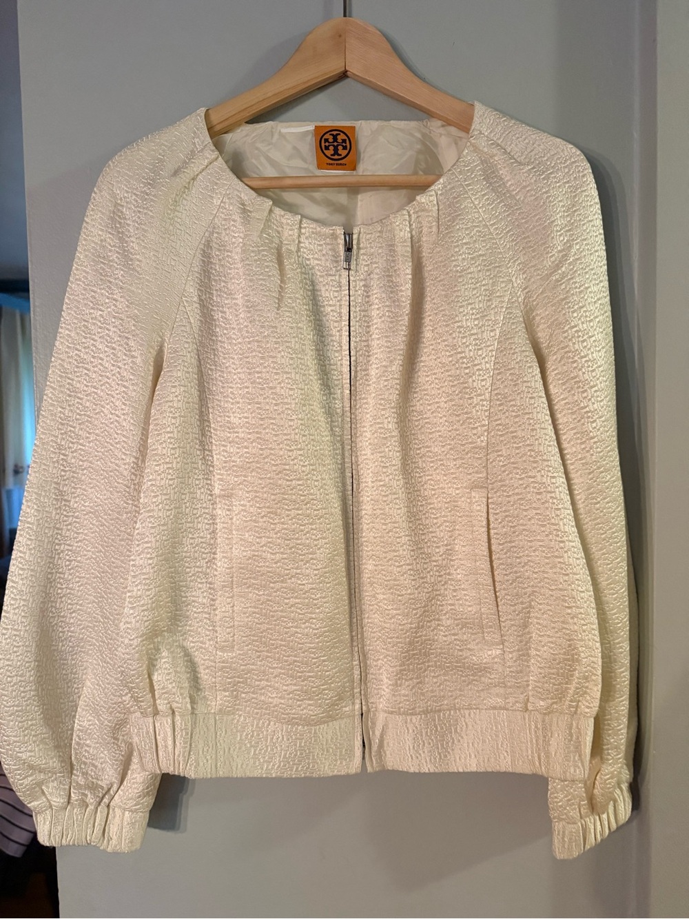 Tory Burch Cream Textured Zip-Front Bomber Jacket